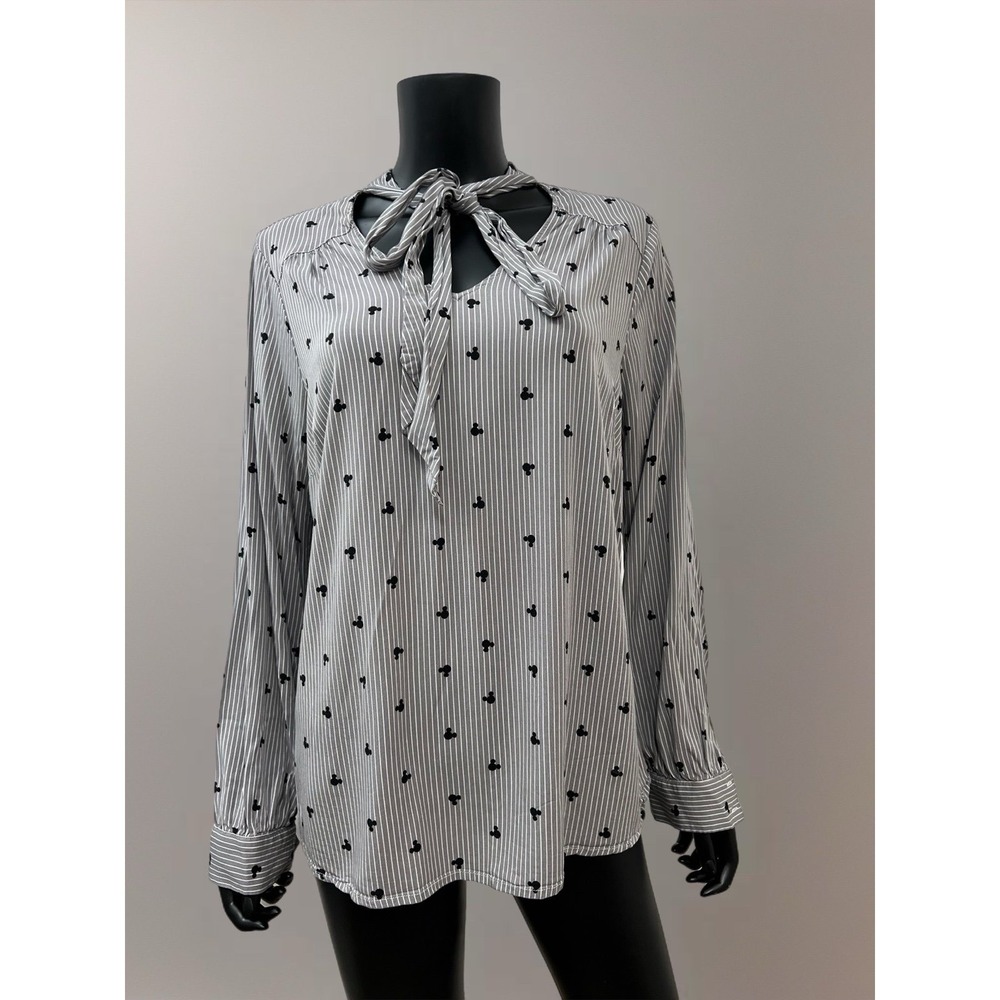 Disney Mickey Mouse Striped‎ Tie Neck Blouse Women's 0 Long Sleeve Top